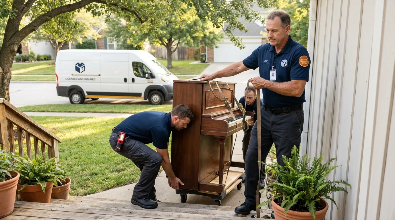 Licensed piano movers securing grand piano in Ladd, IL