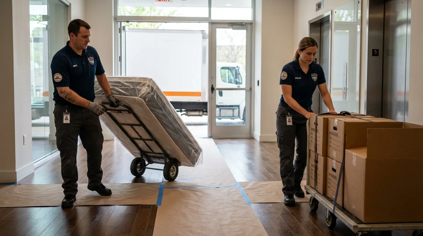 Professional apartment movers loading elevator in Ladd, IL